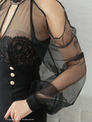 Andy/AN-ON2826/ワンピース/ミニドレス/キャバドレス/シアー/レース/ マーメイド/フリル/パールボタン/袖あり/長袖