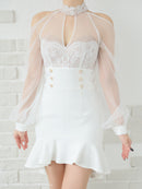 Andy/AN-ON2826/ワンピース/ミニドレス/キャバドレス/シアー/レース/ マーメイド/フリル/パールボタン/袖あり/長袖