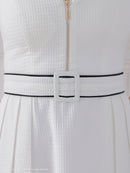 Andy/AN-ON2831/ワンピース/キャバドレス/フロントジップ/バイカラー/フレア/プリーツスカート/ミニドレス/ベルト風/襟付き/ノースリーブ