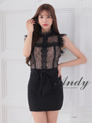 Andy/AN-ON2837/ワンピース/ミニドレス/キャバドレス/切替ワンピース/リボン/レース/ショルダーフリル/ノースリーブ/タイト