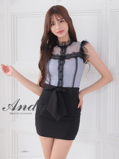 Andy/AN-ON2837/ワンピース/ミニドレス/キャバドレス/切替ワンピース/リボン/レース/ショルダーフリル/ノースリーブ/タイト