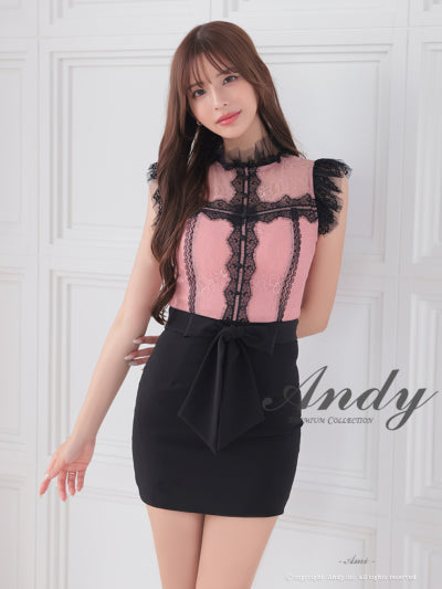 Andy/AN-ON2837/ワンピース/ミニドレス/キャバドレス/切替ワンピース/リボン/レース/ショルダーフリル/ノースリーブ/タイト