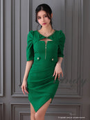 Andy/AN-ON2841/ワンピース/ミディアムドレス/キャバドレス/ワンカラー/チェーンパイピング/フロントジップ/袖あり/半袖/アシンメトリー/タイト