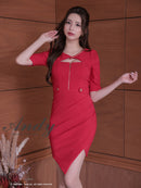 Andy/AN-ON2841/ワンピース/ミディアムドレス/キャバドレス/ワンカラー/チェーンパイピング/フロントジップ/袖あり/半袖/アシンメトリー/タイト