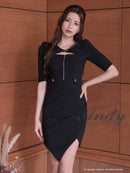 Andy/AN-ON2841/ワンピース/ミディアムドレス/キャバドレス/ワンカラー/チェーンパイピング/フロントジップ/袖あり/半袖/アシンメトリー/タイト