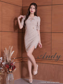 Andy/AN-ON2841/ワンピース/ミディアムドレス/キャバドレス/ワンカラー/チェーンパイピング/フロントジップ/袖あり/半袖/アシンメトリー/タイト