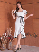 Andy/AN-ON2845/ワンピース/ミディアムドレス/キャバドレス/フロントジップ/アシンメトリー/フリルデザイン/半袖/袖あり/チェーンベルト付き/膝丈