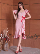 Andy/AN-ON2845/ワンピース/ミディアムドレス/キャバドレス/フロントジップ/アシンメトリー/フリルデザイン/半袖/袖あり/チェーンベルト付き/膝丈