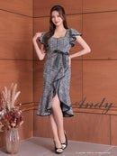 Andy/AN-ON2845/ワンピース/ミディアムドレス/キャバドレス/フロントジップ/アシンメトリー/フリルデザイン/半袖/袖あり/チェーンベルト付き/膝丈