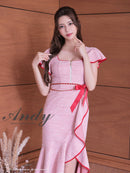 Andy/AN-ON2845/ワンピース/ミディアムドレス/キャバドレス/フロントジップ/アシンメトリー/フリルデザイン/半袖/袖あり/チェーンベルト付き/膝丈