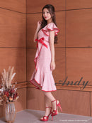 Andy/AN-ON2845/ワンピース/ミディアムドレス/キャバドレス/フロントジップ/アシンメトリー/フリルデザイン/半袖/袖あり/チェーンベルト付き/膝丈