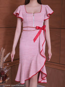 Andy/AN-ON2845/ワンピース/ミディアムドレス/キャバドレス/フロントジップ/アシンメトリー/フリルデザイン/半袖/袖あり/チェーンベルト付き/膝丈