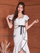 Andy/AN-ON2845/ワンピース/ミディアムドレス/キャバドレス/フロントジップ/アシンメトリー/フリルデザイン/半袖/袖あり/チェーンベルト付き/膝丈