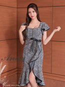 Andy/AN-ON2845/ワンピース/ミディアムドレス/キャバドレス/フロントジップ/アシンメトリー/フリルデザイン/半袖/袖あり/チェーンベルト付き/膝丈