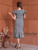 Andy/AN-ON2845/ワンピース/ミディアムドレス/キャバドレス/フロントジップ/アシンメトリー/フリルデザイン/半袖/袖あり/チェーンベルト付き/膝丈