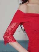 Andy/AN-ON2847/ワンピース/ミニドレス/キャバドレス/レース/オフショルダー/袖あり/七分袖/ワンカラー