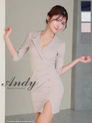 Andy/AN-ON2869/ワンピース/ミニドレス/キャバドレス/ワンカラー/襟付き/袖あり/七分袖/ゴールドボタン/タイト