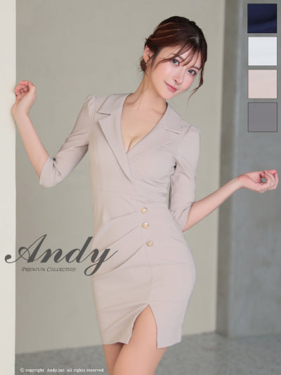 Andy/AN-ON2869/ワンピース/ミニドレス/キャバドレス/ワンカラー/襟付き/袖あり/七分袖/ゴールドボタン/タイト
