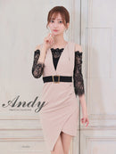 Andy/AN-ON2884/ワンピース/ミニドレス/キャバドレス/レース/袖あり/オフショル風/リボン/ベルトデザイン/切替/アシンメトリー/タイト