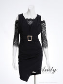 Andy/AN-ON2884/ワンピース/ミニドレス/キャバドレス/レース/袖あり/オフショル風/リボン/ベルトデザイン/切替/アシンメトリー/タイト