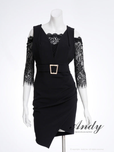 Andy/AN-ON2884/ワンピース/ミニドレス/キャバドレス/レース/袖あり/オフショル風/リボン/ベルトデザイン/切替/アシンメトリー/タイト