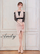 Andy/AN-ON2884/ワンピース/ミニドレス/キャバドレス/レース/袖あり/オフショル風/リボン/ベルトデザイン/切替/アシンメトリー/タイト