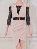 Andy/AN-ON2884/ワンピース/ミニドレス/キャバドレス/レース/袖あり/オフショル風/リボン/ベルトデザイン/切替/アシンメトリー/タイト