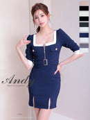 Andy/AN-ON2892/ワンピース/ミニドレス/キャバドレス/タイト/バイカラー/フロントジップ/ベルト/袖あり/七分袖/ゴールドボタン