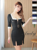 Andy/AN-ON2892/ワンピース/ミニドレス/キャバドレス/タイト/バイカラー/フロントジップ/ベルト/袖あり/七分袖/ゴールドボタン
