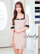 Andy/AN-ON2892/ワンピース/ミニドレス/キャバドレス/タイト/バイカラー/フロントジップ/ベルト/袖あり/七分袖/ゴールドボタン