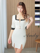 Andy/AN-ON2892/ワンピース/ミニドレス/キャバドレス/タイト/バイカラー/フロントジップ/ベルト/袖あり/七分袖/ゴールドボタン