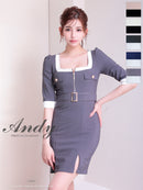 Andy/AN-ON2892/ワンピース/ミニドレス/キャバドレス/タイト/バイカラー/フロントジップ/ベルト/袖あり/七分袖/ゴールドボタン