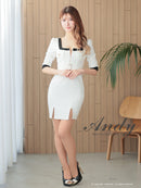 Andy/AN-ON2892/ワンピース/ミニドレス/キャバドレス/タイト/バイカラー/フロントジップ/ベルト/袖あり/七分袖/ゴールドボタン