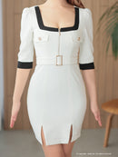 Andy/AN-ON2892/ワンピース/ミニドレス/キャバドレス/タイト/バイカラー/フロントジップ/ベルト/袖あり/七分袖/ゴールドボタン