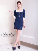 Andy/AN-ON2892/ワンピース/ミニドレス/キャバドレス/タイト/バイカラー/フロントジップ/ベルト/袖あり/七分袖/ゴールドボタン