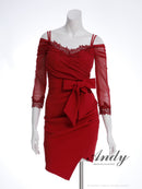 Andy/AN-ON2895/ミニドレス/キャバドレス/レース/オフショルダー/ダブルストラップ/袖あり/リボン/タイト/スリット