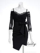 Andy/AN-ON2895/ミニドレス/キャバドレス/レース/オフショルダー/ダブルストラップ/袖あり/リボン/タイト/スリット