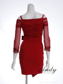 Andy/AN-ON2895/ミニドレス/キャバドレス/レース/オフショルダー/ダブルストラップ/袖あり/リボン/タイト/スリット