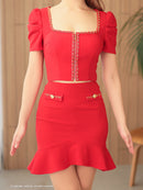 Andy/AN-ON2902/ミニドレス/キャバドレス/セットアップ/マーメイド/チェーンパイピング/スクエアネック/パフスリーブ/袖あり/フロントジップ