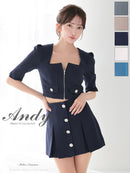 Andy/AN-ON2906/セットアップ/ミニドレス/キャバドレス/フロントジップ/半袖/袖あり/スクエアネック/ボタン/ストレッチ/フレア
