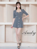 Andy/AN-ON2906/セットアップ/ミニドレス/キャバドレス/フロントジップ/半袖/袖あり/スクエアネック/ボタン/ストレッチ/フレア