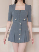 Andy/AN-ON2906/セットアップ/ミニドレス/キャバドレス/フロントジップ/半袖/袖あり/スクエアネック/ボタン/ストレッチ/フレア