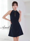 Andy/AN-ON2908/ワンピース/ミニドレス/キャバドレス/ホルターネック/バスト切り替え/フロントジップ/ハイネック/ビジュー/リボン/フレア