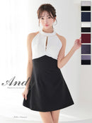 Andy/AN-ON2908/ワンピース/ミニドレス/キャバドレス/ホルターネック/バスト切り替え/フロントジップ/ハイネック/ビジュー/リボン/フレア