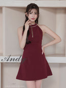 Andy/AN-ON2908/ワンピース/ミニドレス/キャバドレス/ホルターネック/バスト切り替え/フロントジップ/ハイネック/ビジュー/リボン/フレア