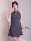Andy/AN-ON2908/ワンピース/ミニドレス/キャバドレス/ホルターネック/バスト切り替え/フロントジップ/ハイネック/ビジュー/リボン/フレア