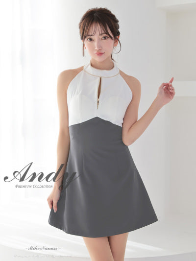 Andy/AN-ON2908/ワンピース/ミニドレス/キャバドレス/ホルターネック/バスト切り替え/フロントジップ/ハイネック/ビジュー/リボン/フレア