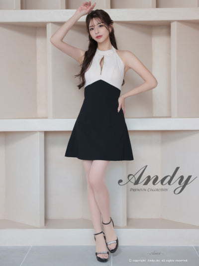 Andy/AN-ON2908/ワンピース/ミニドレス/キャバドレス/ホルターネック/バスト切り替え/フロントジップ/ハイネック/ビジュー/リボン/フレア