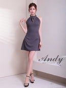 Andy/AN-ON2908/ワンピース/ミニドレス/キャバドレス/ホルターネック/バスト切り替え/フロントジップ/ハイネック/ビジュー/リボン/フレア