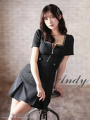 Andy/AN-ON2911/ワンピース/ミニドレス/キャバドレス/フロントジップ/半袖/袖あり/スクエアネック/チェーンパイピング/ボックスプリーツ/フレア